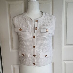 White Sleeveless Knit Button Front Vest with Gold Buttons